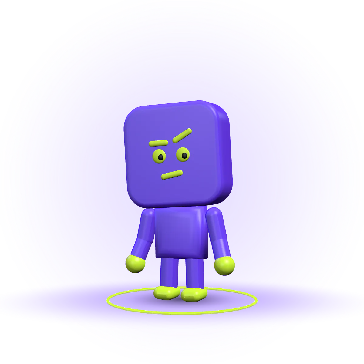 Skepty als Vinylfigur im Lichtkegel: eine violette Kachel mit lime Gesicht, eine Braue skeptisch hochgezogen.